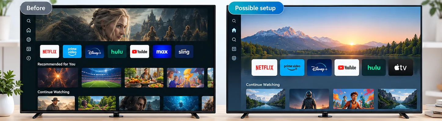 Two televisions on a console: before and after a cleanup